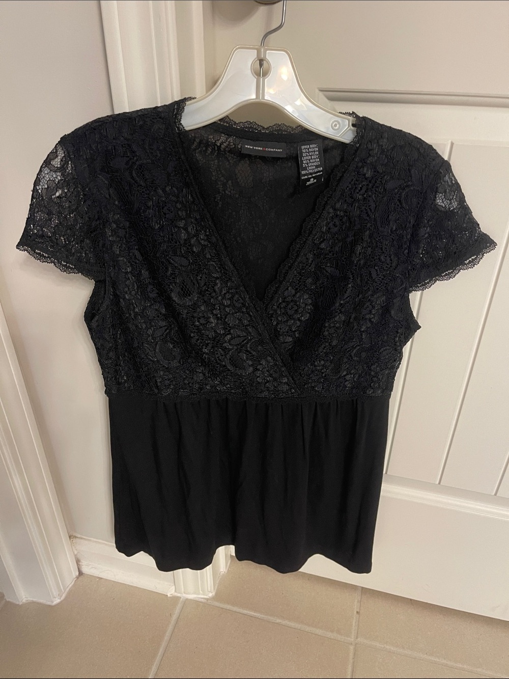 New York & Company Black Lace V-Neck Top